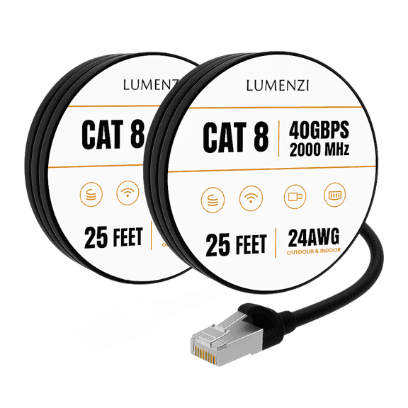 Cat8 Round Ethernet Cable 25ft, 2 Pc Pack, 40Gbps 2000MHz Network Patch Cord, S/FTP Shielded LAN Cable with RJ45 Connectors, for Gaming, Router, Modem, Laptop