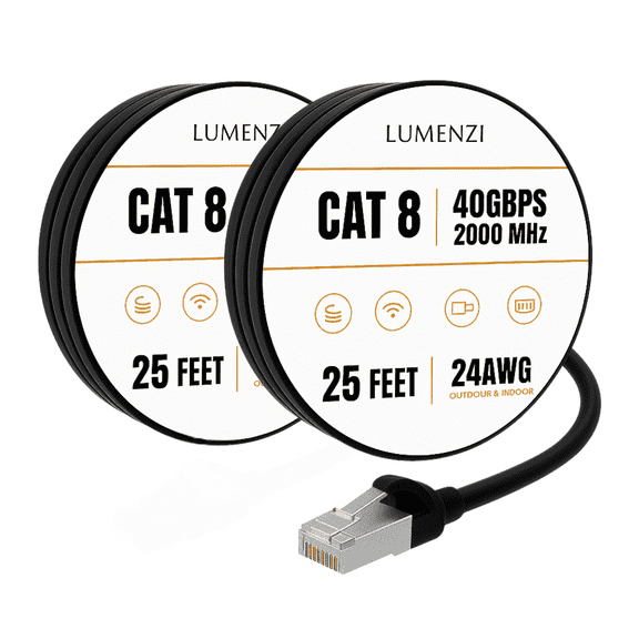 Cat8 Round Ethernet Cable 25 ft, 2 pack, 40 Gbps 2000 MHz, S/FTP Shielded RJ45 Network Patch Cable