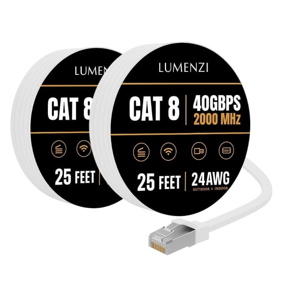 Cat8 Round 24 AWG Ethernet Cable 25ft, 2 Pc Pack, 40Gbps 2000MHz Network Patch Cord, S/FTP Shielded LAN Cable with RJ45 Connectors, for Gaming, Router, Modem, Laptop