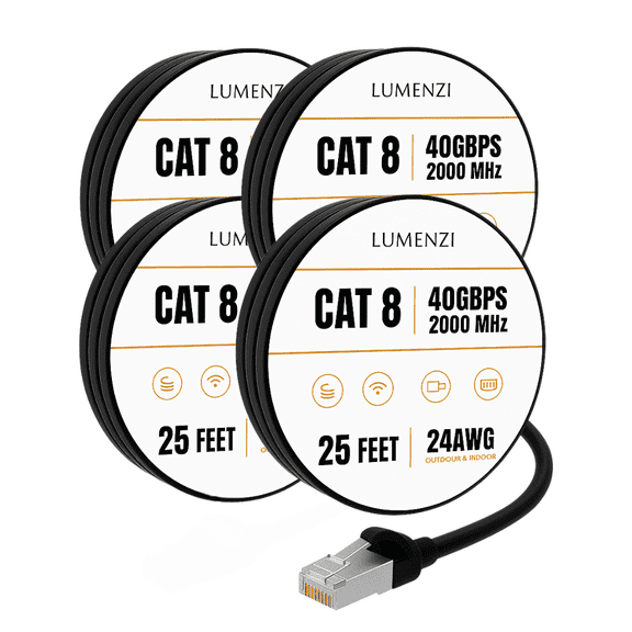 Cat8 Round 24 AWG Ethernet Cable 25ft, 4 Pc Pack, 40Gbps 2000MHz Network Patch Cord, S/FTP Shielded LAN Cable with RJ45 Connectors, for Gaming, Router, Modem, Laptop