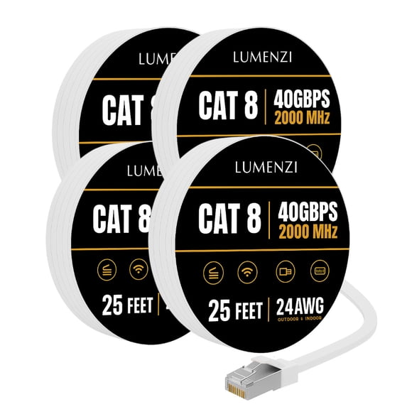Cat8 Round Ethernet Cable 25ft, 4 Pc Pack, 40Gbps 2000MHz Network Patch Cord, S/FTP Shielded LAN Cable with RJ45 Connectors, for Gaming, Router, Modem, Laptop