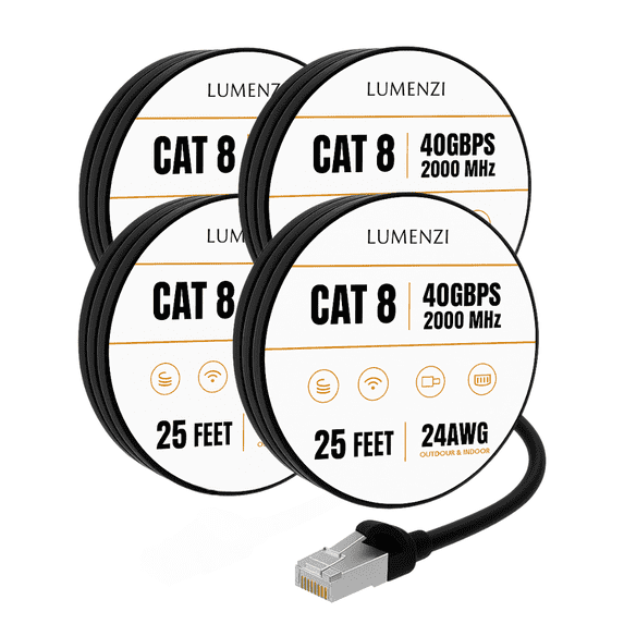 Cat8 Round Ethernet Cable 25ft, 4 Pc Pack, 40Gbps 2000MHz Network Patch Cord, S/FTP Shielded LAN Cable with RJ45 Connectors, for Gaming, Router, Modem, Laptop