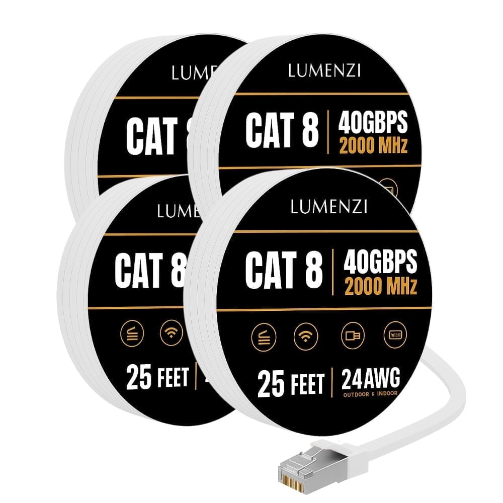 Cat8 Round Ethernet Cable 25ft, 4 Pc Pack, 40Gbps 2000MHz Network Patch Cord, S/FTP Shielded LAN Cable with RJ45 Connectors, for Gaming, Router, Modem, Laptop