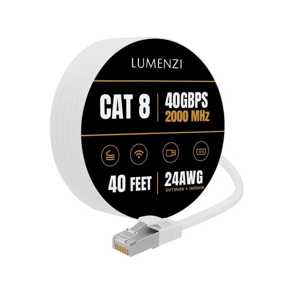 Cat8 Round Ethernet Cable 40ft, 1 Pc Pack, 40Gbps 2000MHz Network Patch Cord, S/FTP Shielded LAN Cable with RJ45 Connectors, for Gaming, Router, Modem, Laptop