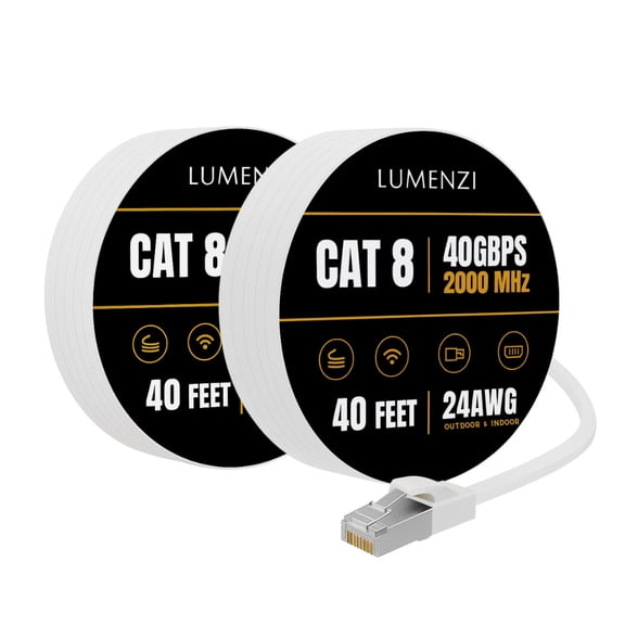 Cat8 Round Ethernet Cable 40ft, 2 Pc Pack, 40Gbps 2000MHz Network Patch Cord, S/FTP Shielded LAN Cable with RJ45 Connectors, for Gaming, Router, Modem, Laptop