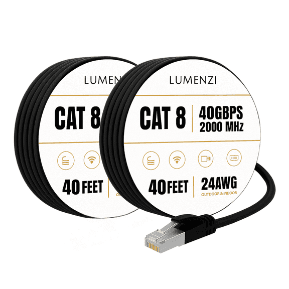 Cat8 Round 24 AWG Ethernet Cable 40ft, 2 Pc Pack, 40Gbps 2000MHz Network Patch Cord, S/FTP Shielded LAN Cable with RJ45 Connectors, for Gaming, Router, Modem, Laptop
