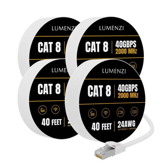 Cat8 Flat Ethernet Cable 40ft, 4 Pc Pack, 40Gbps 2000MHz Network Patch Cord, S/FTP Shielded LAN Cable with RJ45 Connectors, for Gaming, Router, Modem, Laptop