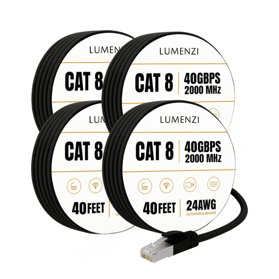 Cat8 Round 24 AWG Ethernet Cable 40ft, 4 Pc Pack, 40Gbps 2000MHz Network Patch Cord, S/FTP Shielded LAN Cable with RJ45 Connectors, for Gaming, Router, Modem, Laptop