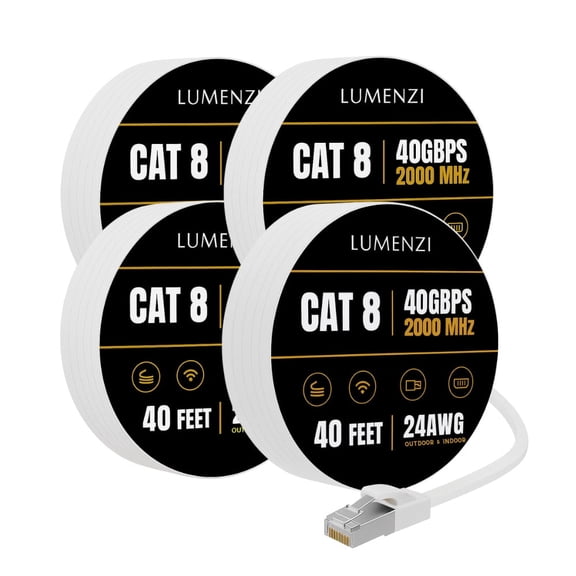 Cat8 Round 24 AWG Ethernet Cable 40ft, 4 Pc Pack, 40Gbps 2000MHz Network Patch Cord, S/FTP Shielded LAN Cable with RJ45 Connectors, for Gaming, Router, Modem, Laptop