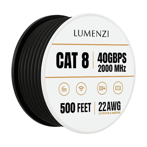 Cat8 Round Ethernet Cable 500ft, 1 Pc Pack, 40Gbps 2000MHz Network Patch Cord, S/FTP Shielded LAN Cable, for Gaming, Router, Modem, Laptop