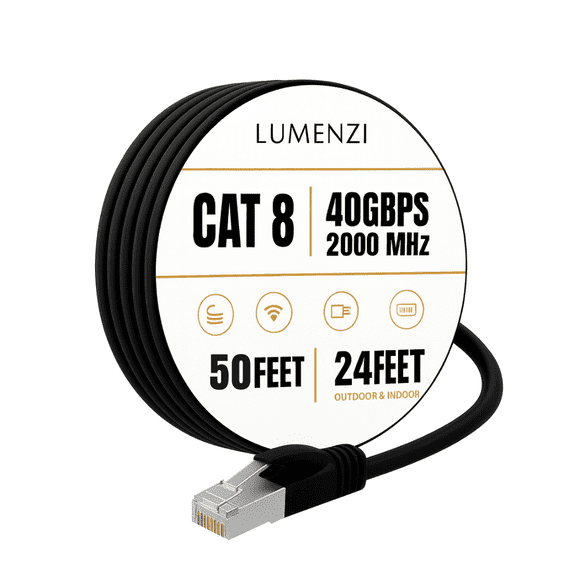 Cat8 Round Ethernet Cable 50 ft, 1 Pack, 40 Gbps 2000 MHz, S/FTP Shielded RJ45 Network Patch Cable