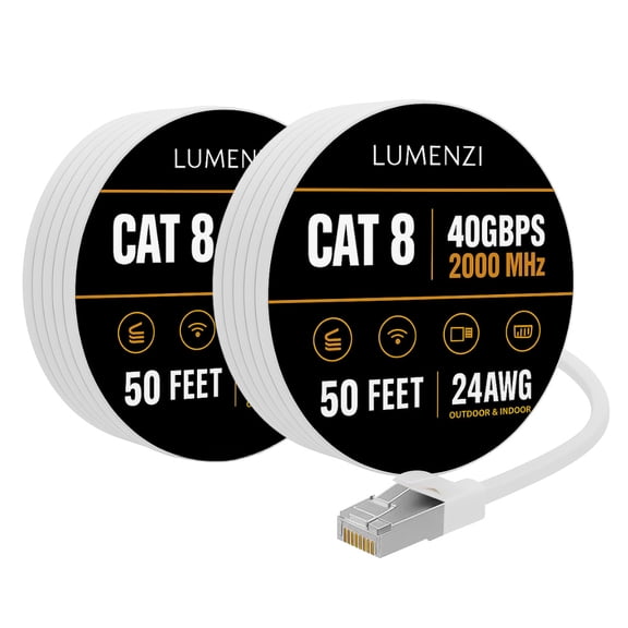 Cat8 Round Ethernet Cable 50ft, 2 Pc Pack, 40Gbps 2000MHz Network Patch Cord, S/FTP Shielded LAN Cable with RJ45 Connectors, for Gaming, Router, Modem, Laptop