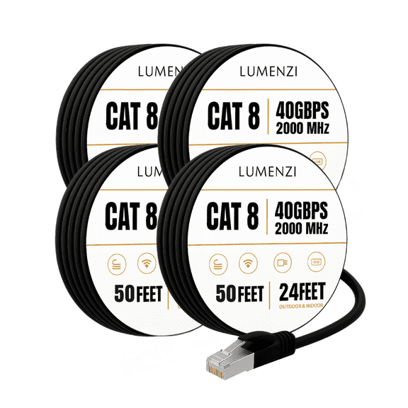Cat8 Round 24 AWG Ethernet Cable 50ft, 4 Pc Pack, 40Gbps 2000MHz Network Patch Cord, S/FTP Shielded LAN Cable with RJ45 Connectors, for Gaming, Router, Modem, Laptop