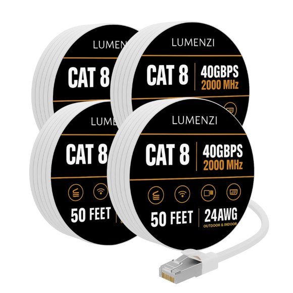 Cat8 Round 24 AWG Ethernet Cable 50ft, 4 Pc Pack, 40Gbps 2000MHz Network Patch Cord, S/FTP Shielded LAN Cable with RJ45 Connectors, for Gaming, Router, Modem, Laptop