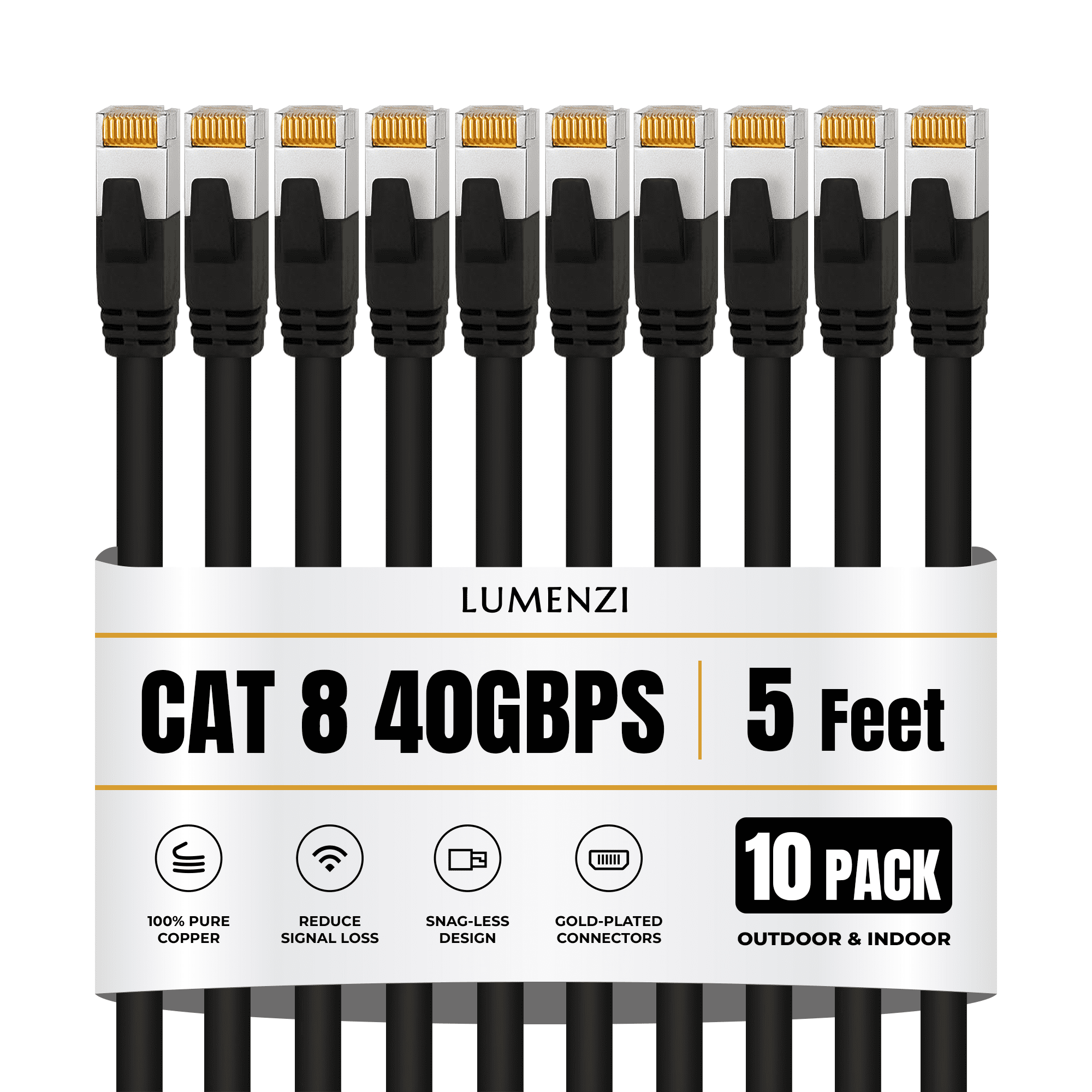 Cat8 Round Ethernet Cable 5ft, 10 Pc Pack, 40Gbps 2000MHz Network Patch Cord, S/FTP Shielded LAN Cable with RJ45 Connectors, for Gaming, Router, Modem, Laptop