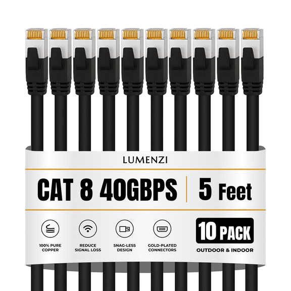 Cat8 Round Ethernet Cable 5ft, 10 Pc Pack, 40Gbps 2000MHz Network Patch Cord, S/FTP Shielded LAN Cable with RJ45 Connectors, for Gaming, Router, Modem, Laptop