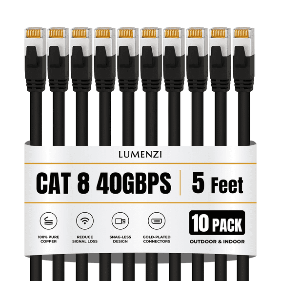 Cat8 Round 24 AWG Ethernet Cable 5ft, 10 Pc Pack, 40Gbps 2000MHz Network Patch Cord, S/FTP Shielded LAN Cable with RJ45 Connectors, for Gaming, Router, Modem, Laptop