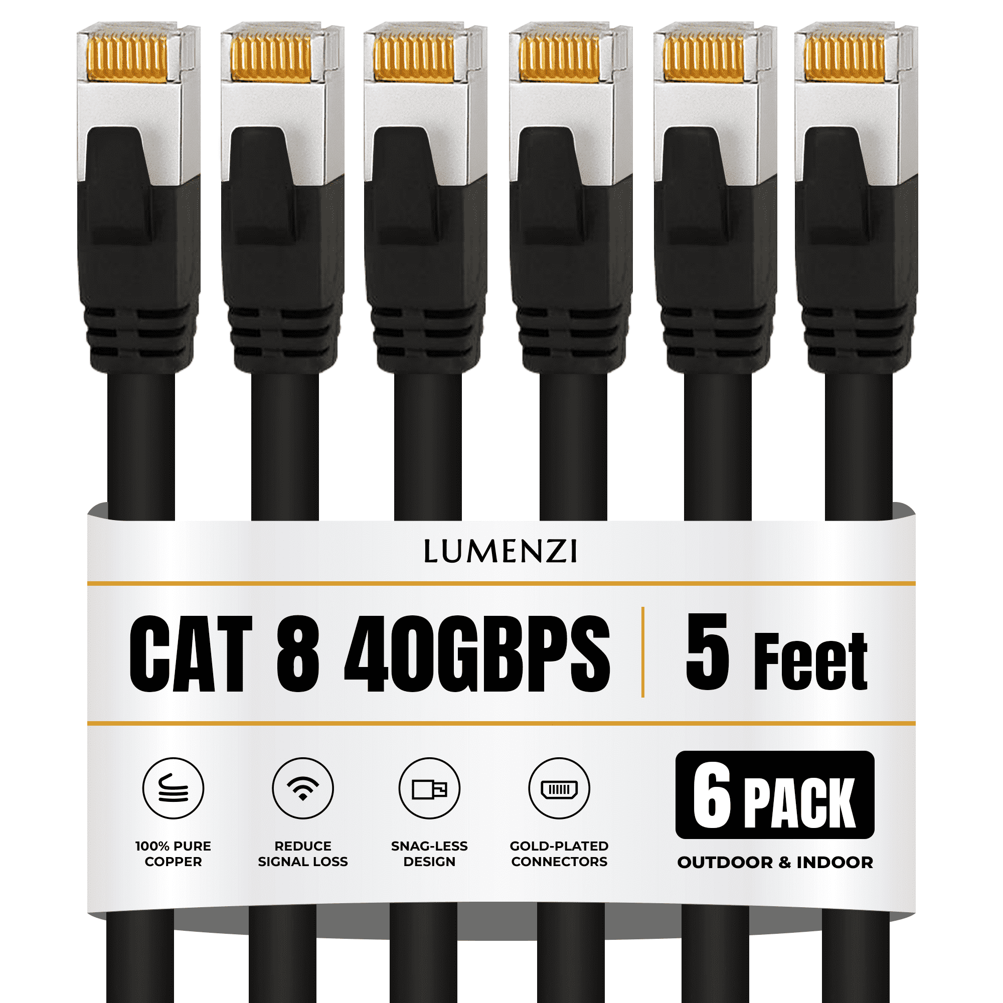 Lumenzi Cat 8 Round Ethernet Cable, 5 ft, 6 Pack, 40 Gbps, 2000 MHz, S/FTP Shielded, RJ45 Network Patch Cord