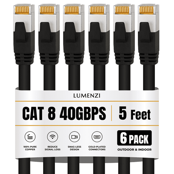 Lumenzi Cat 8 Round Ethernet Cable, 5 ft, 6 Pack, 40 Gbps, 2000 MHz, S/FTP Shielded, RJ45 Network Patch Cord
