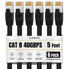 Cat8 Round 24 AWG Ethernet Cable 5ft, 6 Pc Pack, 40Gbps 2000MHz Network Patch Cord, S/FTP Shielded LAN Cable with RJ45 Connectors, for Gaming, Router, Modem, Laptop