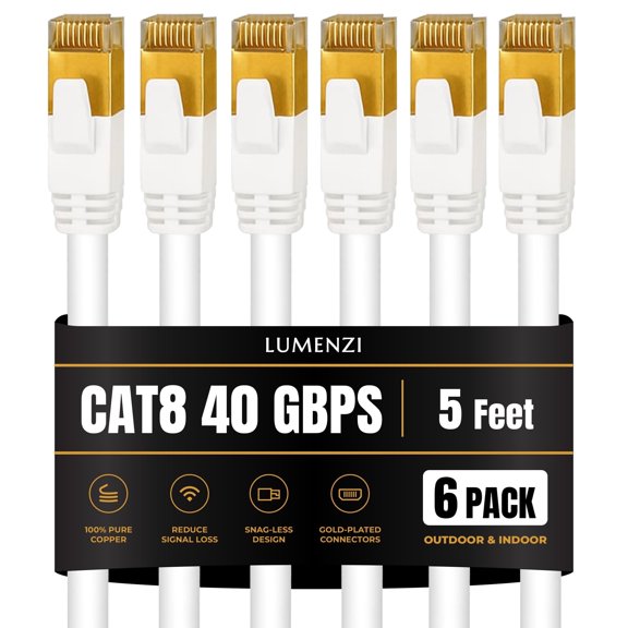 Cat8 Round 24 AWG Ethernet Cable 5ft, 6 Pc Pack, 40Gbps 2000MHz Network Patch Cord, S/FTP Shielded LAN Cable with RJ45 Connectors, for Gaming, Router, Modem, Laptop