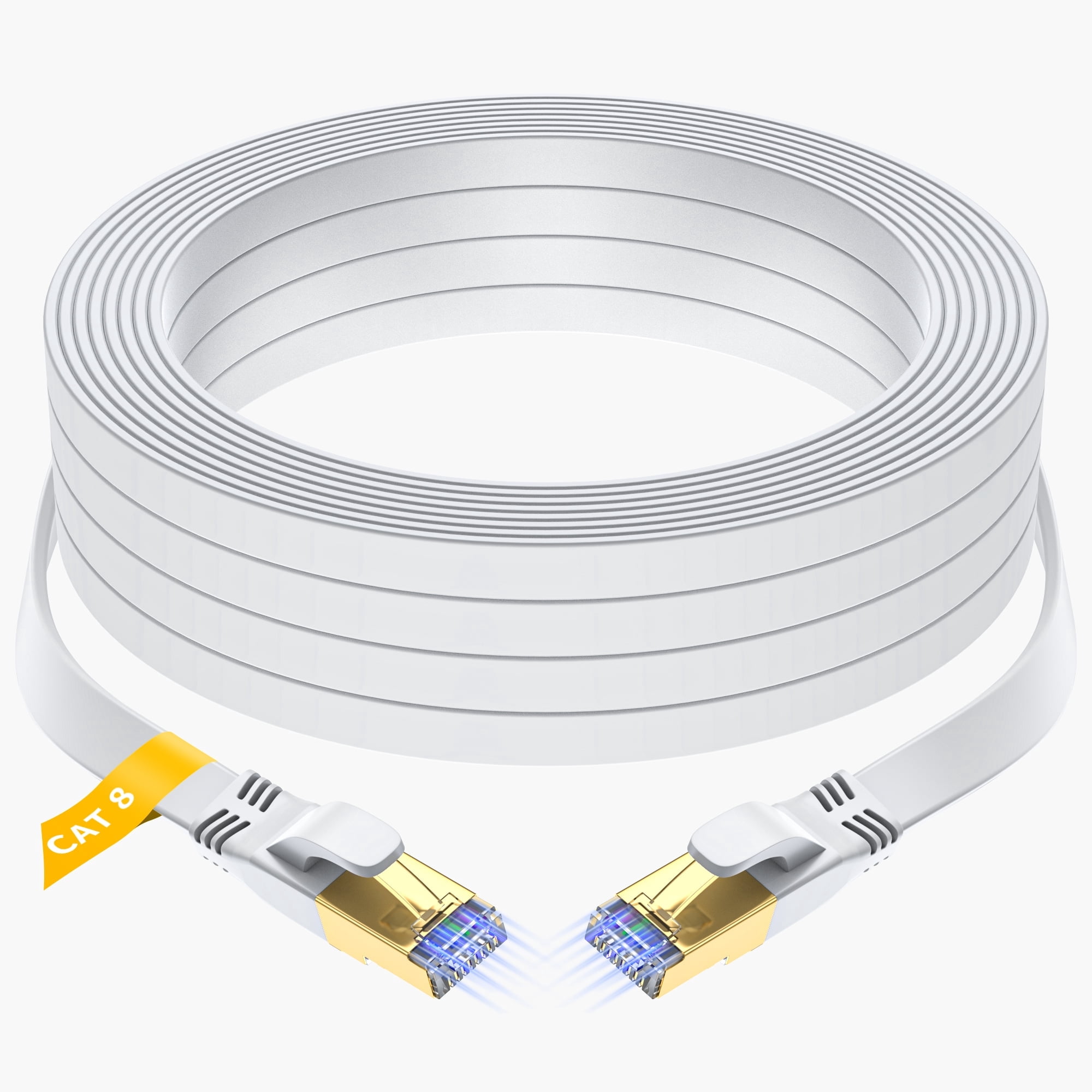 Cat8 White Flat Ethernet Cable 20FT, Long White Flat Cat8 LAN Cable, SFTP Gold Plated RJ45 40Gbps 2000Mhz Patch Cord, High Speed Internet Cable for Home Office, Faster than Cat7/Cat6/Cat5