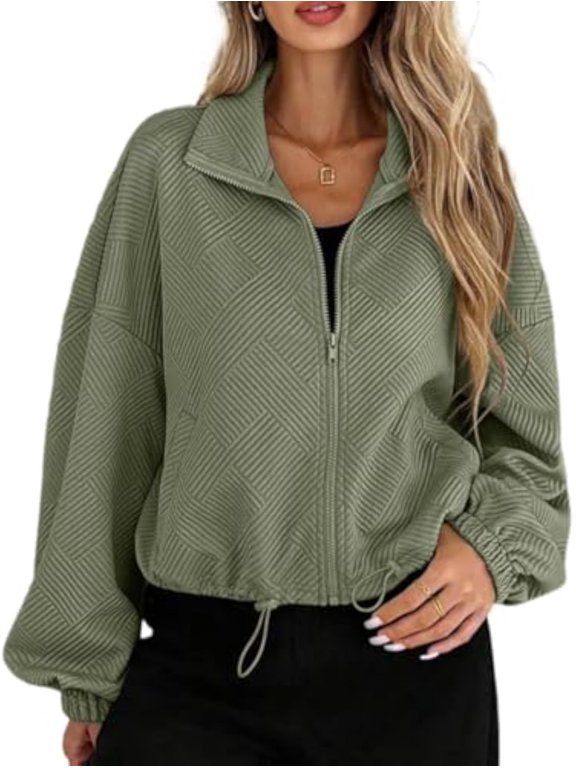 Women's Cropped Zip Up Sweat Jacket Loose Fit Long Sleeve Casual Jacquard Coat with Drawstring