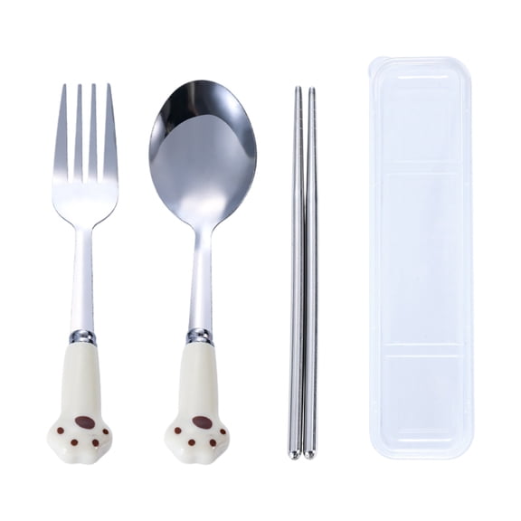 CatPaw Cute Print Tableware Set Including Spoons Forks Chopsticks Storage for Adults Outdoor Dining Metal Utensil Bundle