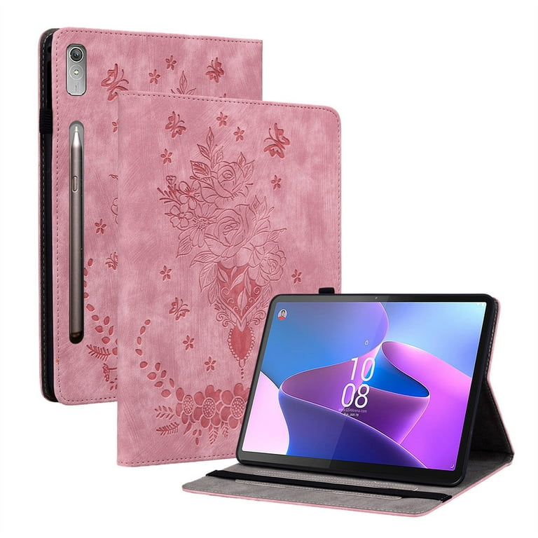 CatXQ PU Leather Wallet Case For Lenovo Tab P12 12.7 inch Tablet -  [Butterfly Rose][Kickstand Flip][Angle Adjustment] - Pink