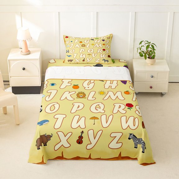 Catabedysis 26 Alphabet Print Twin Sheets For Boys,Cartoon Animals Bedding,3pcs,1 Fitted Sheet and 1 Pillowcase