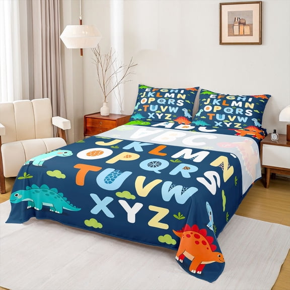 Catabedysis 3D Cartoon Dinosaur King Sheets For Boys,Educational Alphabet Print Bedding,4-Piece,1 Flat Sheet, 1 Fitted Sheet and 2 Pillowcases
