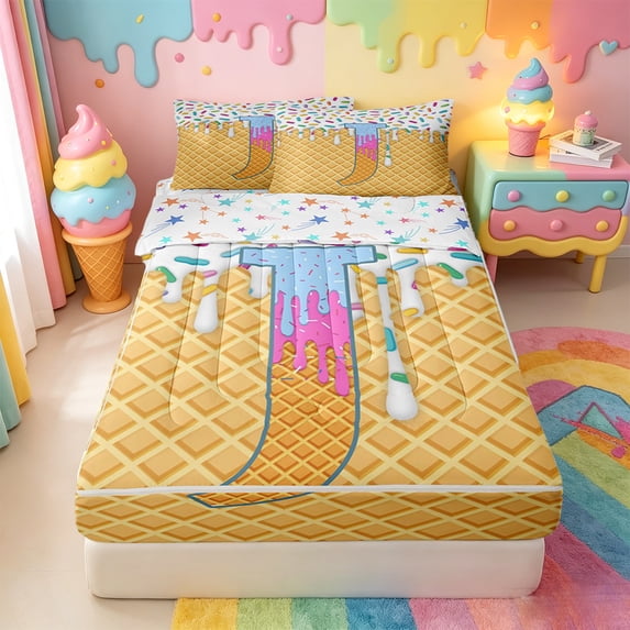 Catabedysis 3D Cartoon Letter J Zipper Full Size Comforter Sets with Fitted Sheet and 2 Pillowcases For Boys,Abstract Geometric Grid Pattern Zipper Bedding Set,Colorful Stars Reversible,4 Pieces