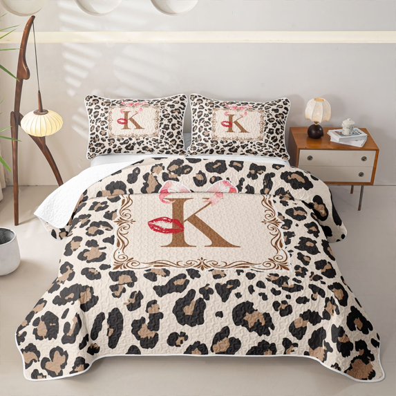 Catabedysis Alphabet Letters K Twin Quilt Set,Modern Leopard Print Twin Coverlet Set For Girls,2 Pieces