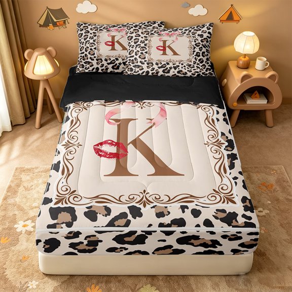 Catabedysis Alphabet Letters K Zipper Twin Comforter Sets with Fitted Sheet and 2 Pillowcases,Modern Leopard Print Zipper Bedding Set For Girls,Black Reversible,4 Pieces
