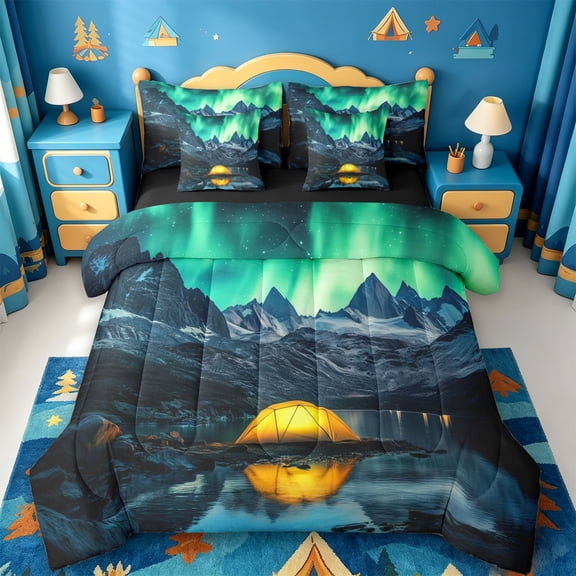 Catabedysis Aurora Camping 7 Pieces Full Size Bedding Sets,Northern Lights Tent Print Full Size Bed in a Bag For Boys,Multicolor,Black Reversible