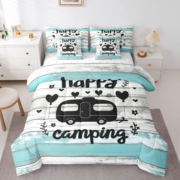 Catabedysis Beach Camping 7-Piece Twin Bedding,Happy Camping Camper Print Bedding Comforter Set For Boys,Multicolor,Reversible