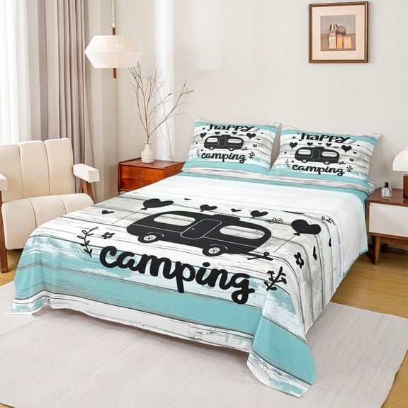 Catabedysis Beach Camping Bed Sheets,Happy Camping Camper Print Full Size Sheets For Boys,Multicolor,4pcs,1 Flat Sheet, 1 Fitted Sheet and 2 Pillowcases