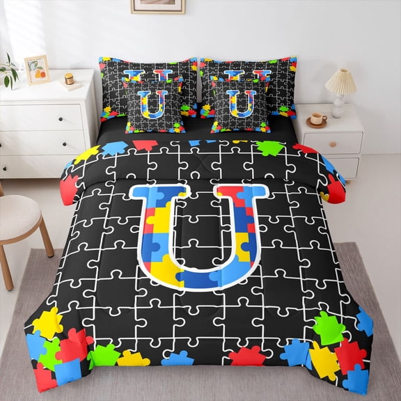 Catabedysis Black Puzzle Print 7pcs Queen Bedding,Initial U Pattern Bedding Comforter Set Queen,Black Reversible For Girls