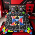 thumbnail image 1 of Catabedysis Black Puzzle Print 7pcs Queen Bedding,Jigsaw Initial Pattern Bedding Comforter Set Queen,Black Reversible For Girls, 1 of 7