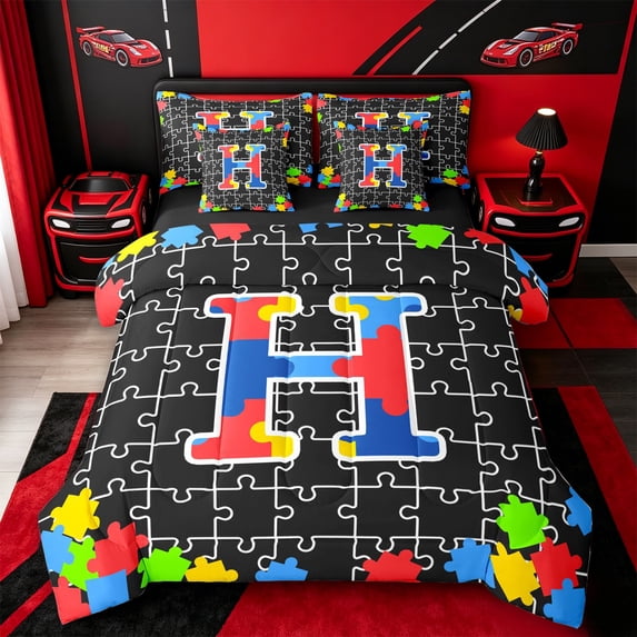 Catabedysis Black Puzzle Print 7pcs Queen Bedding,Jigsaw Initial Pattern Bedding Comforter Set Queen,Black Reversible For Girls