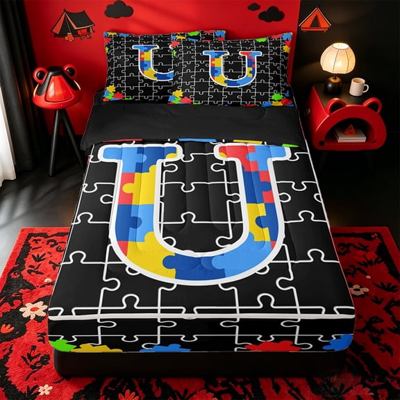 Catabedysis Black Puzzle Print Zipper Twin Comforter Sets with Fitted Sheet and 2 Pillowcases,Initial U Pattern Zipper Bedding Set For Girls,Black Reversible,4-Piece