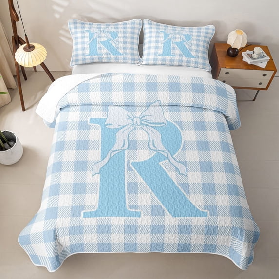 Catabedysis Blue Gingham Print Quilt King,Plaid Monogrammed R Design King Coverlet Set For Girls,3 Pieces