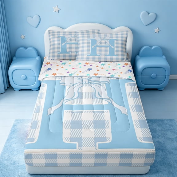 Catabedysis Blue Plaid Print,Zipper Twin Comforter Sets with Fitted Sheet and 2 Pillowcases,Kawaii Bow Initial Zipper Bedding Set For Girls,Colorful Stars Reversible,4 Pieces