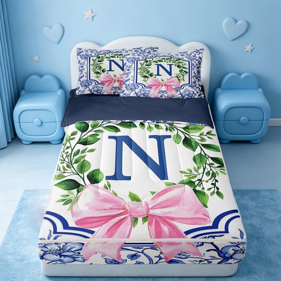 Catabedysis Bow ABC Print N Zipper Twin Comforter Sets with Fitted Sheet and 2 Pillowcases,Personalized Monogrammed Gifts Zipper Bedding Set For Girls,Navy Blue Reversible,4 Pieces