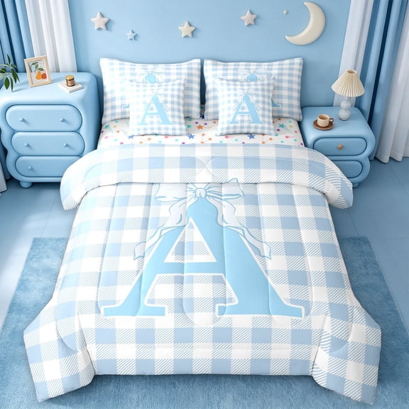 Catabedysis Bowknot ABC Print A 7-Piece Twin Bedding,Personalized Monogrammed Gifts Bedding Comforter Set,Colorful Stars Reversible For Girls