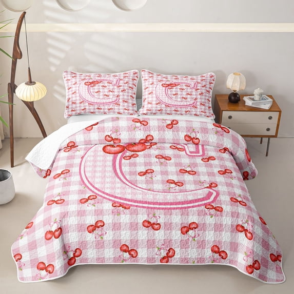 Catabedysis Bowknot Alphabet Print Twin Quilt Set,Kawaii Cherry Letter C Design Twin Coverlet Set For Girls,2 Pieces