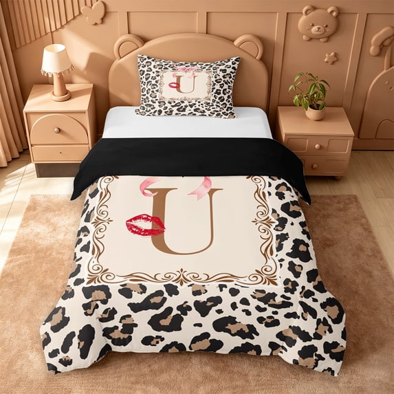 Catabedysis Bowknot Initial Letter Twin Duvet Cover,Leopard Pattern Alphabet U Twin Bedding For Girls,Black Reversible,2-Piece,1 Duvet Cover and 1 Pillowcase
