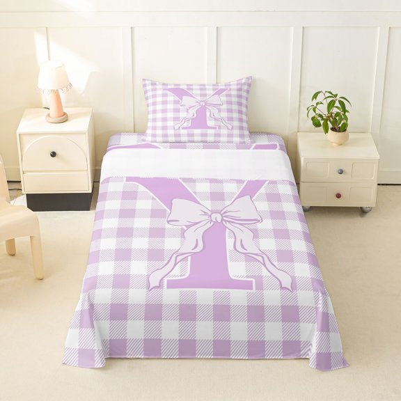 Catabedysis Bowknot Initial Y Twin Sheets,Purple ABC Themed Bedding For Girls,3 Pieces,1 Fitted Sheet and 1 Pillowcase