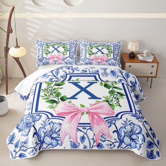 Catabedysis Bowknot Monogram X Twin Quilt Set,Green Botanical Wreath Twin Coverlet Set For Girls,3Pcs