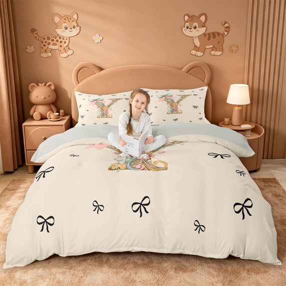 Catabedysis Bowknot Monogrammed Print Bedding,Initial Letter Y Duvet Cover Full For Girls,Light Gray Reversible,3 Pieces,1 Duvet Cover and 2 Pillowcases